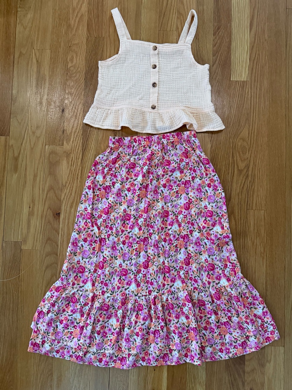 Light Orange Button-Front Textured Tank with Pink Floral Maxi Skirt